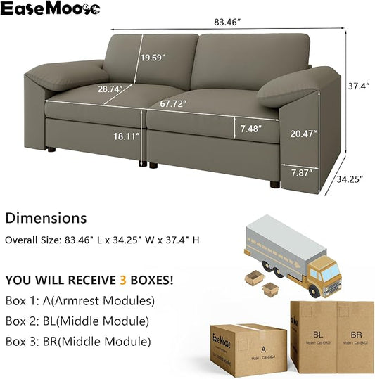 EASE MOOSE Loveseat Sofa for Living Room,Oversized Deep Seat Modular Sectional,Modern Comfy 2 Seater Sofas,Scratch Resistant Faux Leather Couch for Small Spaces, Light Grey