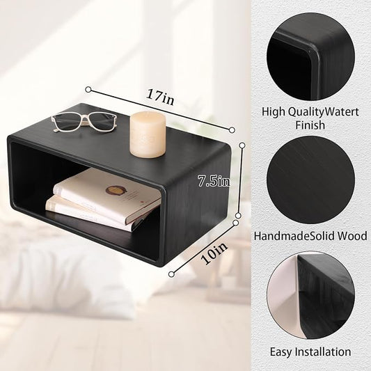Floating Nightstand Oak Wooden Shelf Wall Mount - Stylish & Minimalistic Bedside Shelf Hanging Storage Phone Rest Side Table for Bedroom Office Home Decor Black 18”x 10”x 7.5”