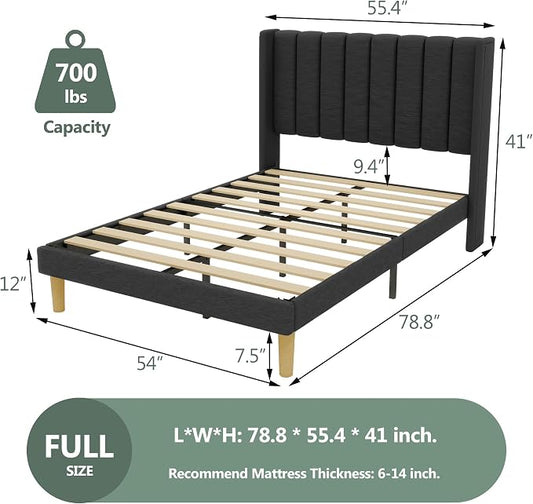 alazyhome Platform Bed Frame Full Size with Upholstered Headboard, Solid Wood Slats Support, No Box Spring Needed, Noise Free, Easy Assembly, Modern Fabric Bed, Black