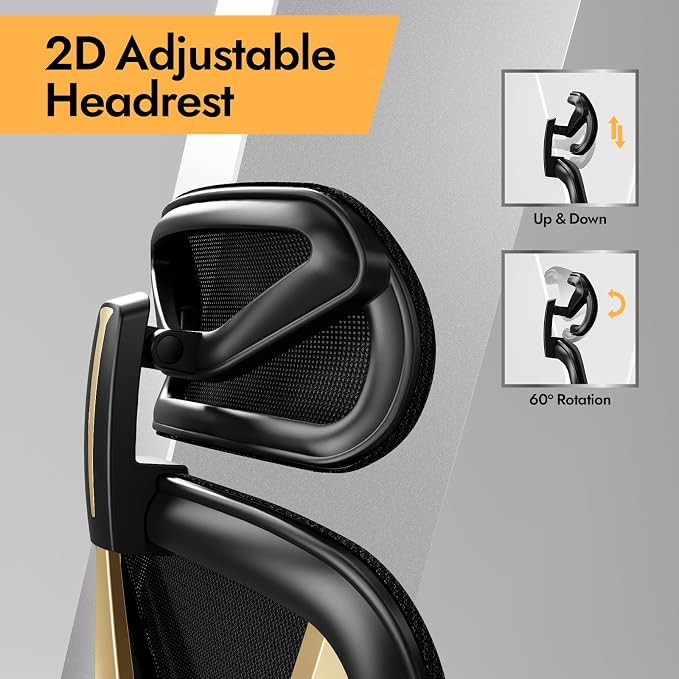 HOLLUDLE Ergonomic Mesh Office Chair - 3D Adjustable Lumbar Support & 3D Armrests, V-Shaped Back, Adjustable Desk Chair for Office & Home, Black and Gold