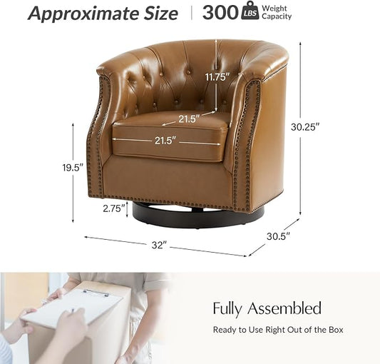 HULALA HOME Genuine Leather Swivel Accent Chair, Swivel Rocker Barrel Chair, Traditional Chesterfield Armchair with Button-Tufted Design, No Assembly Required, Camel