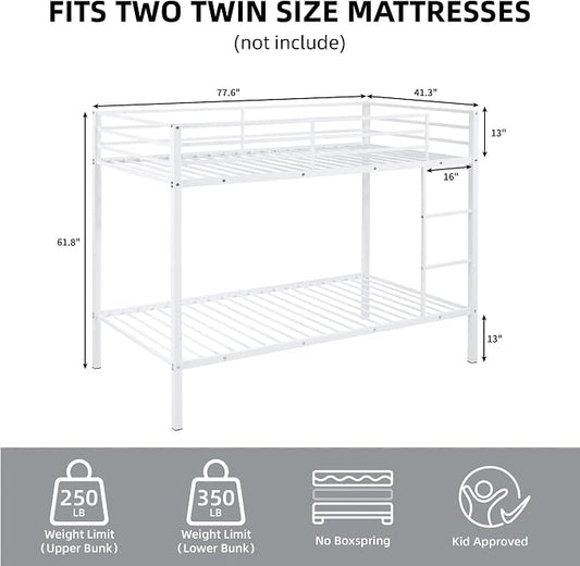Bunk Bed Twin Over Twin, Metal Bunk Bed Frame, Metal Bunkbeds with Built-in Ladder, High Guardrail and Slats, No Box Spring Needed, Space Saving, Noise Free (White)