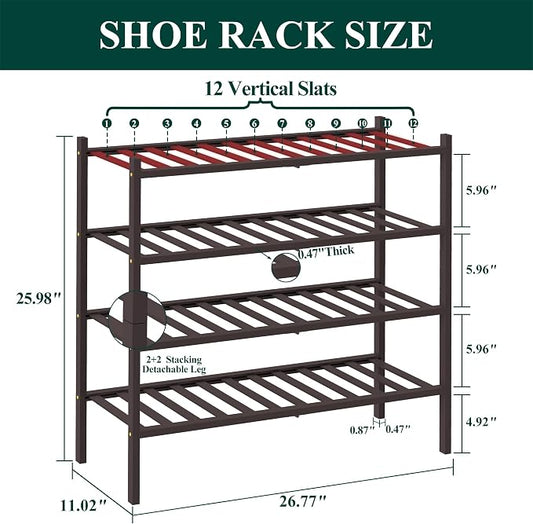 Smiry Bamboo Shoe Rack, 4 Tier Free Standing Wooden Shoe Organizer, Stackable Wood Shoe Storage Shelf for Closet, Entryway, 12 Vertical Slats, 2+2 Stack Standard Legs, 26.8"x11"x26", Brown