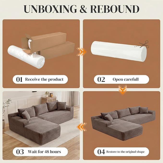 95" L Shaped Cloud Boneless Sectional Couches for Living Room, Modern Comfy Modular Deep Seat Memory Foam Compressed Corduroy Sofa Oversized Left Facing Chaise, No Assembly Required, Brown