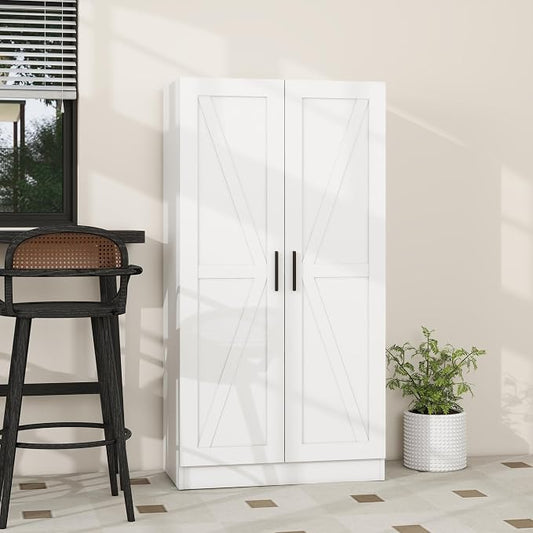 Wooden Storage Cabinet, Collection Food Pantry Narrow Cabinet Free Standing with 2 Doors and 3 Shelves Tool Cabinet, for Kitchens, Living Room, Utility Rooms (White)