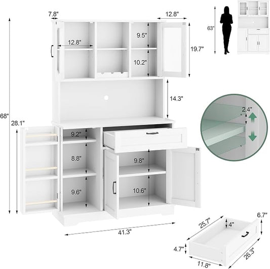 Shintenchi Kitchen Pantry Storage Cabinet, Freestanding Buffet Cabinet with Microwave Stand & 3 Door Shelves, Kitchen Hutch with Doors, Adjustable Shelves and Wine Rack, White