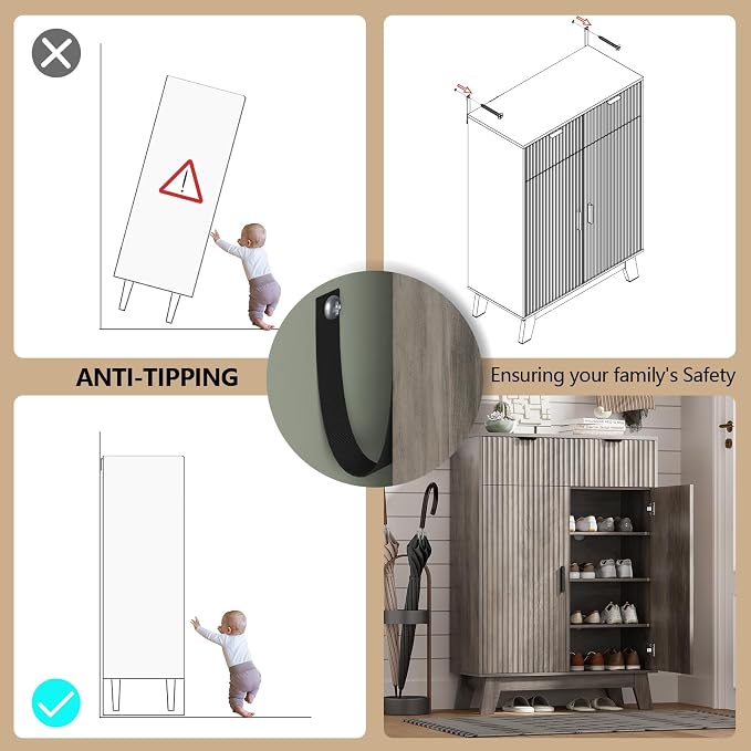 Shoe Cabinet Storage for Entryway with Doors, 4 Tier Fluted Shoe Organizer with 2 Drawers, Entryway Shoe Storage with Adjustable Shelves, Freestanding Hidden Shoe Rack for Front Door Entrance, Grey
