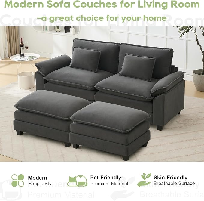 Oprisen 86" Modular Sectional Sofa, Comfy Cloud Couch Sectional Sofa with Ottoman, Velvet Sofa Sleeper Deep Seat Sofa with Throw Pillows for Living Room (Blue Grey)