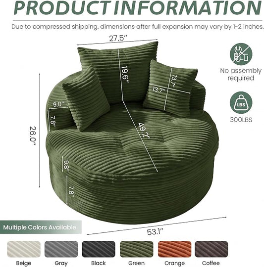 Oversized Round Chaise Lounge Chair, Deep Seat Cloud Boneless Floor Sofa Couch, Upholstered Corduroy Sleeper with 3 Pillows & Optional Ottoman, No Assembly Modern Lazy Floor Lounger for Living Room