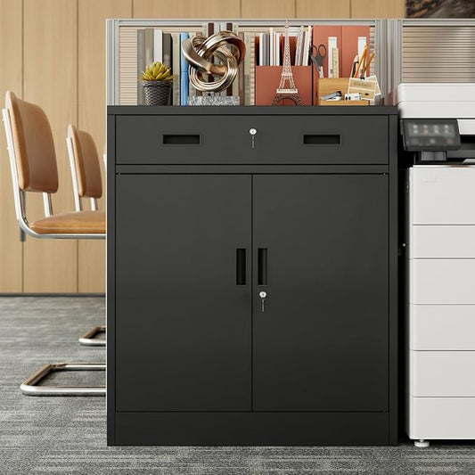 BESFUR Metal Storage Cabinet, Garage Storage Cabinet with One Drawer and Adjustable Shelf, Locking Short Storage Cabinet for Office Garage Home, Black Metal Cabinets(36" H x 27.5" W x 16" D)