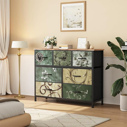 Sweetcrispy 7 Drawer Dresser, Fabric Storage Tower Organizer for Bedroom, Closet, Hallway, Entryway, Tall Chest of Drawers with Steel Frame, Wood Top, Large Storage, Floral Painted