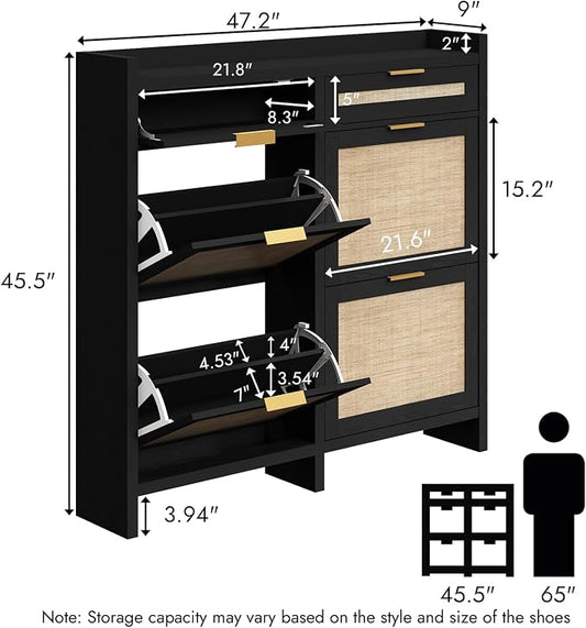 HOKYHOKY Large Rattan Shoe Storage Cabinet with 4 Flip Drawers & 2 Storage Drawers – Hidden Slim Shoe Organizer for Entryway, Large Tabletop Space, Farmhouse Boho Narrow Shoe Rack, Rustic Black