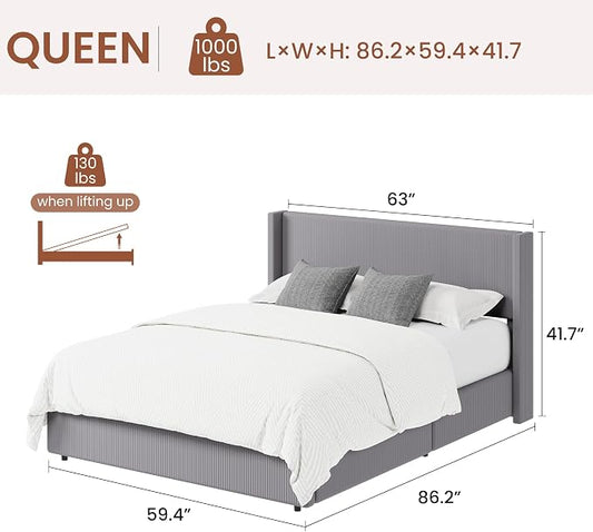 Garvee Queen Lift Up Storage Bed Frame, Corduroy Upholstered Platform Bed with Gas Lift, Padded Headboard, Wooden Slat Support, No Box Spring Needed, Easy Assembly, Taupe Grey