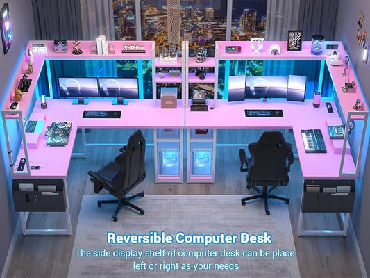 Aheaplus L Shaped Desk with Power Outlet, L Shaped Gaming Desk with Led Light & Hutch, Reversible Home Office Desk, Corner Computer Desk with Monitor Stand & Storage Shelves, Pink