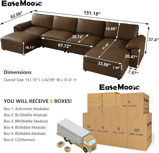 EASE MOOSE Oversized Modular Sectional Sofa,Leather Sectional Couch with Deep Seat, Classic Extra Large U Shaped Couch,Faux Leather Material Sofa Comfy Scratch Resistant for Living Room,Deep Brown