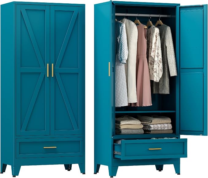 YAUWOH Farmhouse Wardrobe Cabinet with One Drawers,Metal Wardrobe Closet with Hanging Rod,Metal Armoire with Adjustable Shelves for Bedroom,Cloak Room,Office (Blue)