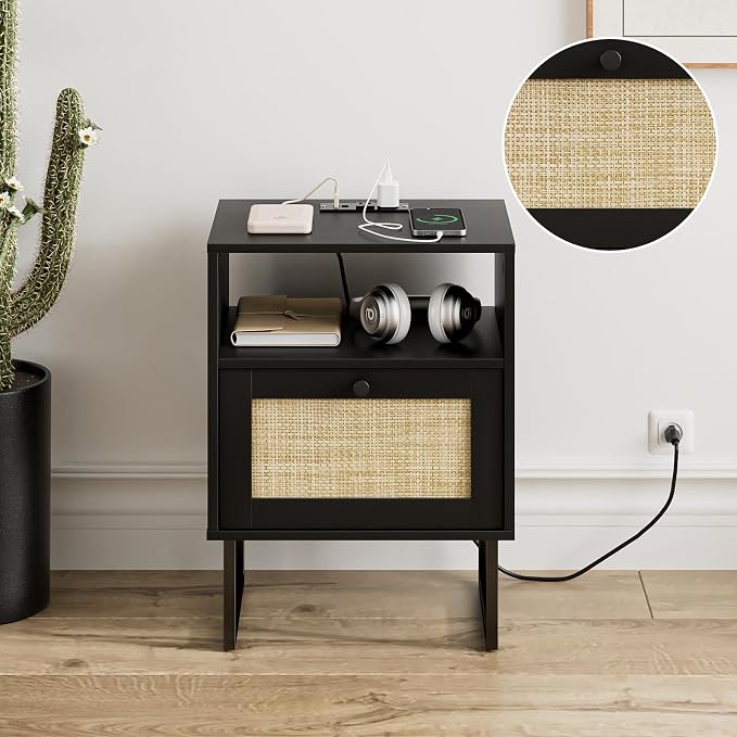 Masupu Rattan Nightstand with Charging Station,Modern Boho Farmhouse Wood Bedside Table with Storage Drawer and Open Shelf,Small Black Frame Side End Table for Bedroom,Living Room,Office (Black)