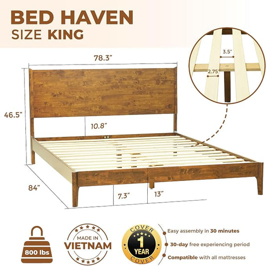 Acacia Haven King Premium Wooden Platform Bed, 100% Solid Wood Platform Bed with Headboard, Wood Slat Support & No Box Spring Needed, Effortless Assembly, 800 lbs Capacity, Caramel.