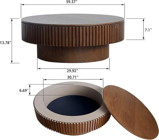 39'' Round Coffee Table with Storage, Modern Wooden Coffee Table with Solid Wood Veneered, Circle Center Table Accent Tea Table for Living Room Apartment Walnut
