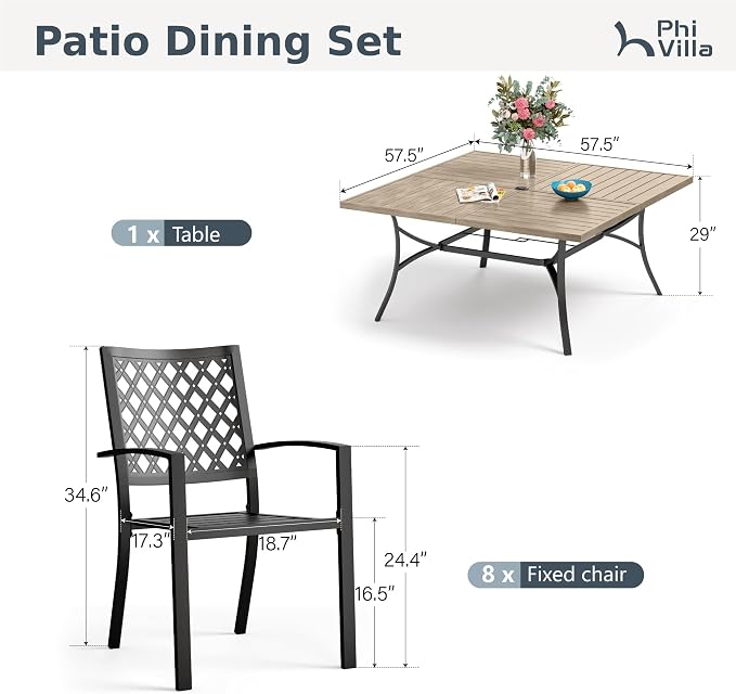 PHI VILLA 9 Pieces Outdoor Dining Set for 8, 57.5" Brown Square Metal Table with Umbrella Hole & Stackable Black Wrought Iron Chairs, Large Outside Furniture Set for Patio, Deck, Yard, Porch