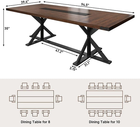 Hlivelood Dining Table for 8 10 People,Rectangular Kitchen Farmhouse Table W/Waterproof Wood Tabletop,Long Dining Room Tables W/Wood Strip Base for Kitchen Living Room(94IN BR&BK)