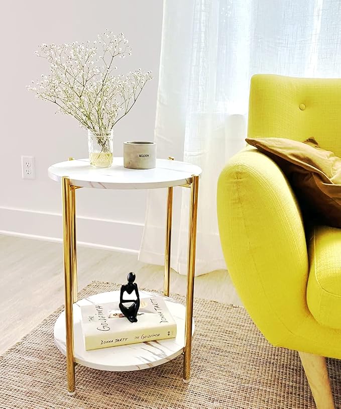 Round End Table with Faux Marble Top, 2-Tier Gold Side Table | Modern Accent Table with Gold Metal Frame for Living Room, Bedroom & Small Spaces