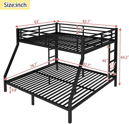 EMKK Queen Over King Bunk Bed for Adults, Metal Bunk Beds Queen Over King Size for Teens Dorm Bedroom Guest Room,Heavy Duty Bunk Beds with Ladder and Safety Full Length Guardrail (Black)