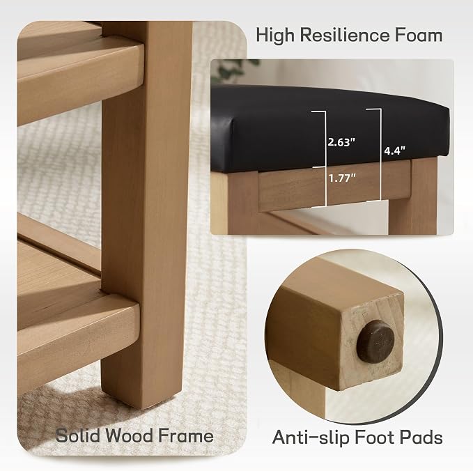 Zihanhome Shoe Rack Bench with Leather Cushion, 2 Tier Solid Wood Storage Bench, Mid-Century Modern Shoe Bench for Entryway, Hallway, Closet, Front Door Entrance, Foyer (Black, 39.4")