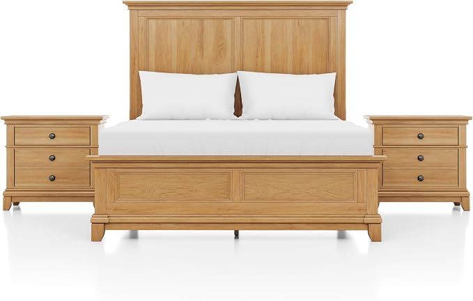 Furniture of America Yardley Farmhouse Solid Wood 3-Piece Bedroom Collection with Panel Bed and Nightstands Set of 2, Box Spring Required for Bedroom, Guess Room, Twin, Natural Oak