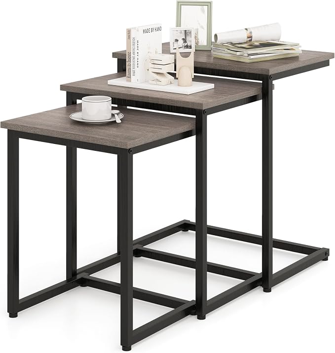 GOFLAME Nesting Coffee Tables Set of 3, Rectangular Nesting Center Table with Wood Grain Top & Metal Frame, Modern C-Shaped Nested Side Table Set for Living Room, Bedroom, Black & Oak