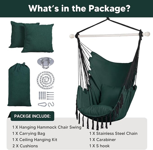 SUNCREAT Hammock Chair Hanging Rope Swing Seat-Max 450lbs Capacity, Extra Large Hanging Swing with Metal Support Bar, Side Pocket, Tassel, Green