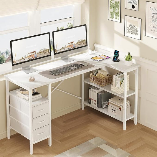 DUMOS L Shaped Desk with Shelf Drawers 55 Inch, White Corner Computer Desks Gaming with Power Outlet, Study Table with Adjustable Shelves, Home Office Tables for Bedroom Teacher Reading Writing