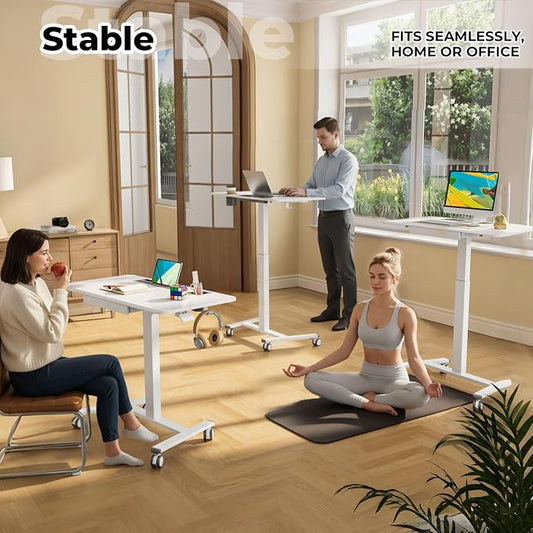 Mobile Standing Desk with Drawer, 40" Small Standing Desk with Cup Holder, Rolling Laptop Workstaion on Wheels, Height Adjustable Table with Storage for Home Office, White
