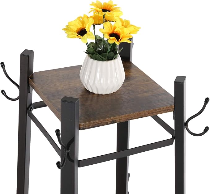 VECELO Industrial Coat Rack,Enterway Clothes Stand with 2 Tier Storage Shelves and Metal Basket,Upgrade Hall Trees with 8 Dual Hooks,Antique Brown