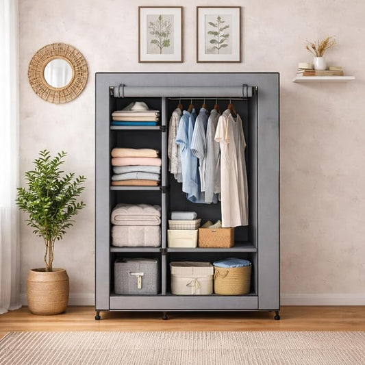 Simple Deluxe Wardrobe with lid, Clothes Rack for Hanging Clothes, 40.7"W x 17.5"D x 64.2"H Garment Rack,Max Load 143LBS,Black Rack with Gray Cover