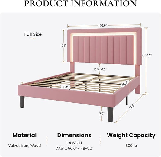 SHA CERLIN Full Size Velvet Bed Frame with LED Light, Adjustable Vertical Channel Tufted Headboard, Strong Wooden Slats Support, Noise-Free, No Box Spring Needed, Pink