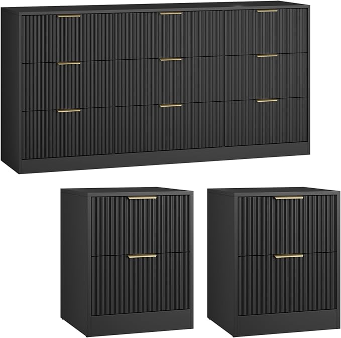 9 Drawer Dresser & Nightstand Set 3-Piece, 63” Wide Fluted Bedroom Dresser Set Night Stand Set of 2 with Metal Handle, Modern Wood Chest of Drawers Storage Dressers Set for Bedroom, Black