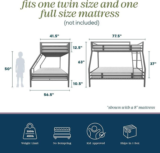 Novogratz Maxwell Metal Bunk Bed Frame for Kids and Teens, with Angled Ladder, High Guardrail and Metal Slats, No Boxspring Required, Underbed Storage Space, Twin-Over-Full, Gray