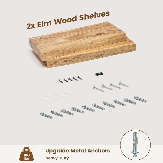 Venusmiles Live Edge Elm Floating Shelves for Wall Decor, Rustic Solid Wood Shevles Wall Mounted with Invisible Bracket for Living Room Bathroom Bedroom Kitchen, 16 Inch Set of 2, Natural