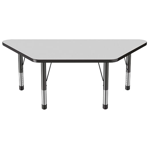FDP Trapezoid Activity School and Classroom Kids Table (30 x 60 inch), Chunky Toddler Legs for Collaborative Seating Environments, Adjustable Height 15-24 inches - Gray Top and Black Edge