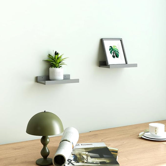 Small Floating Shelves for Wall Decor, Wall Mounted Wood Shelf for Bedroom, Living Room, Bathroom, Kitchen, Nursery, Display Picture Ledge Shelf with Lip Set of 2-8 Inches, Grey