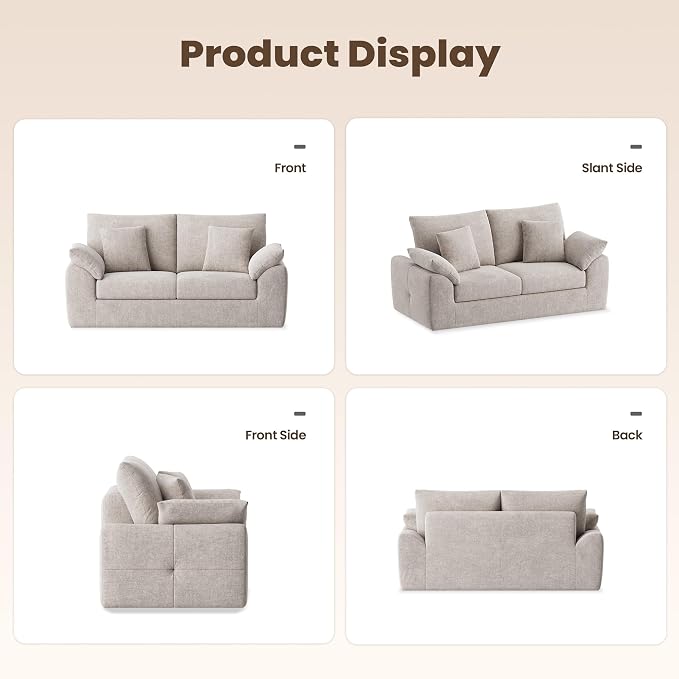 75.6" Boneless Loveseat Sofa, Polyester Fabric 2-Seater Couch with 4 Pillows, No Assembly Required, Soft High Density Foam Cushion, Rectangular Track Arm Sofa for Living Room Bedroom Apartment (Camel)
