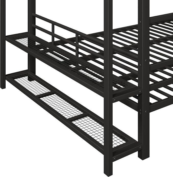 Bellemave Queen Over Queen Bunk beds, Metal Bunk Bed with Shelf and Guardrails,Queen Bunk beds with Storage Mesh Shelves and Clothes Hooks for Kids, Teens & Adults(Black)