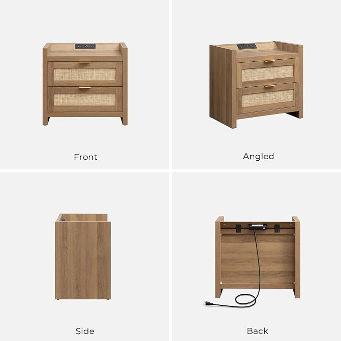 SICOTAS Rattan Nightstand End Table - Night Stand Bedside Table with Type-C Charging Station, 2 Drawers Storage - Boho Night Stands for Bedroom - Natural Oak