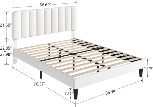 VECELO Full Size Bed Frame with Upholstered Headboard, Velvet Platform Bedframe Mattress Foundation, Strong Wood Slat Support, No Box Spring Needed,White
