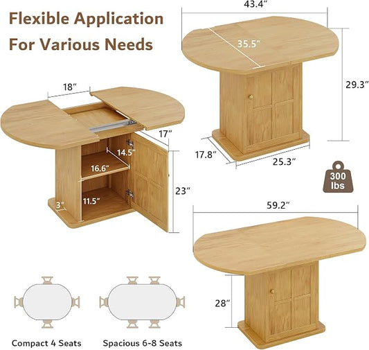 iPormis Round Dining Table for 4-6, 59'' Extendable Dining Room Kitchen Table with 2-Tier Storage Shelf, Modern Wood Dinner Table with Door & Pedestal Base, for Kitchen Living Room, Space Saving, Oak