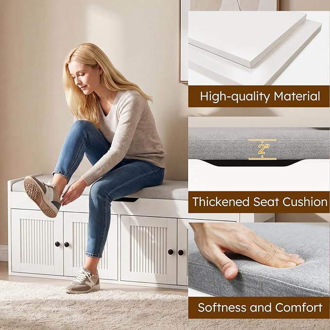 47.2" Storage Bench - Entryway Shoe Bench with Side Storage Shelves and 4 Doors, Multifunctional Entryway Bench with Lift Top Cushion, Shoe Storage Bench for Bedroom, Living Room, White