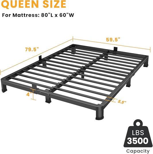 Superay 4 Inch Queen Bed Frame Low Profile, Heavy Duty Metal Platform Bed Frame with Round Corner Legs, Sturdy Mattress Foundation, No Box Spring Needed, Easy Assembly, Noise Free, Black
