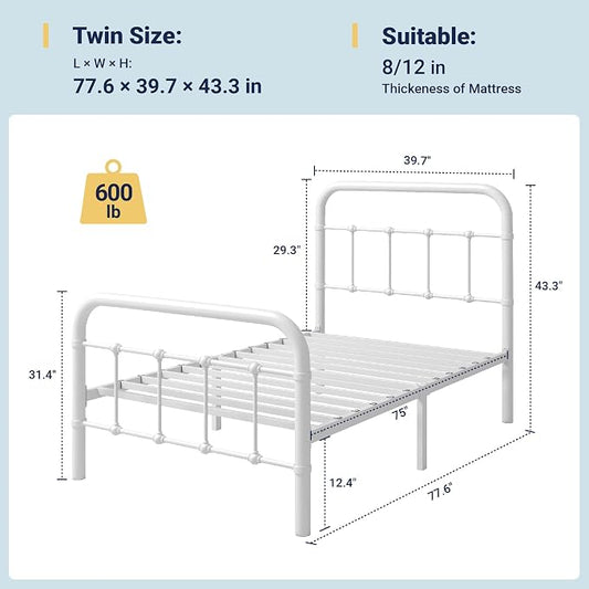 Allewie Twin Size Metal Platform Bed Frame with Victorian Style Wrought Iron-Art Headboard/Footboard, No Box Spring Required, White