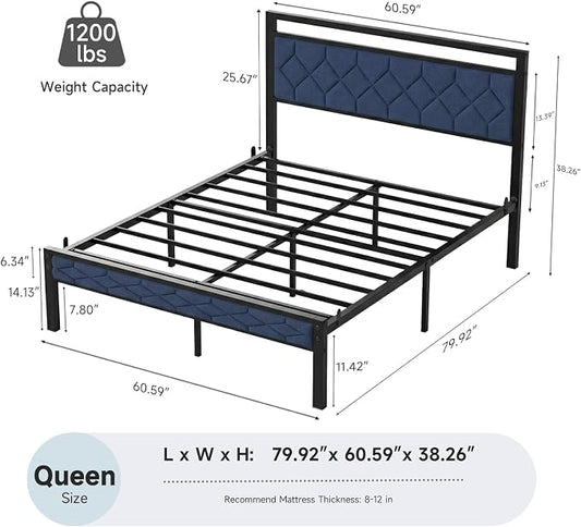 Z-hom Easy Assembly Upholstered Platform Bed Frame with Soft Padded Headboard, Modern Linen Fabric Mattress Foundation, No Box Spring Needed, Noise-Free & Sturdy Metal Support, Queen Size (Blue)